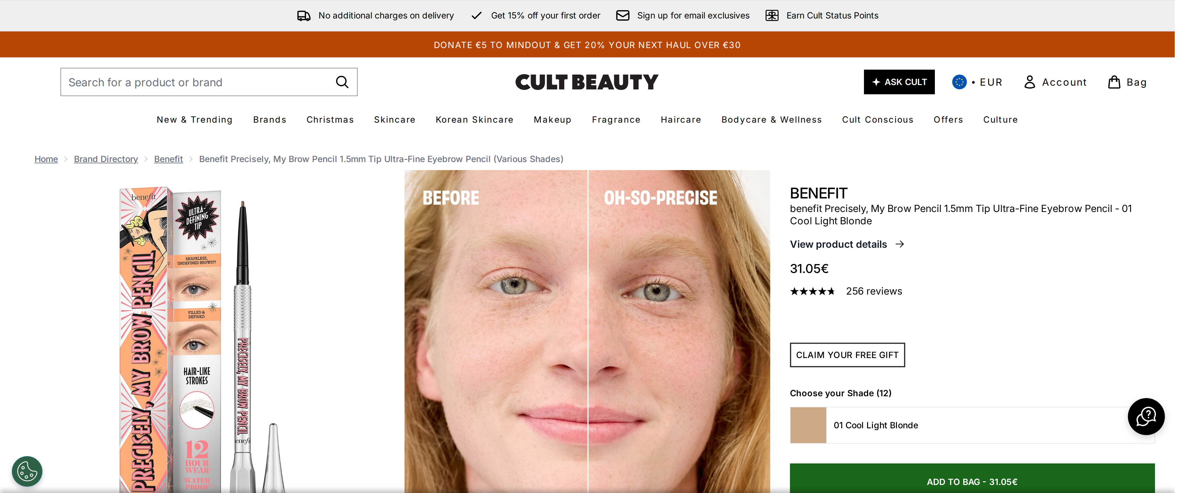 Cult Beauty product page for the Benefit Precisely, My Brow Pencil 1.5mm Tip Ultra-Fine Eyebrow Pencil