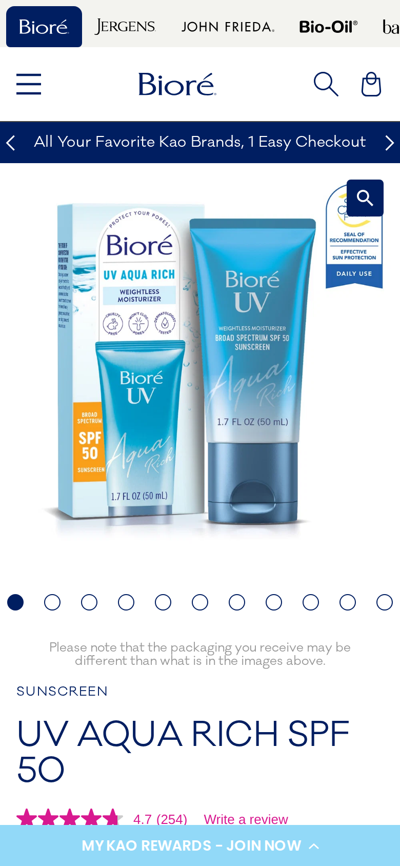 Phone-width view of the Biore UV Aqua Rich SPF 50 page with product images