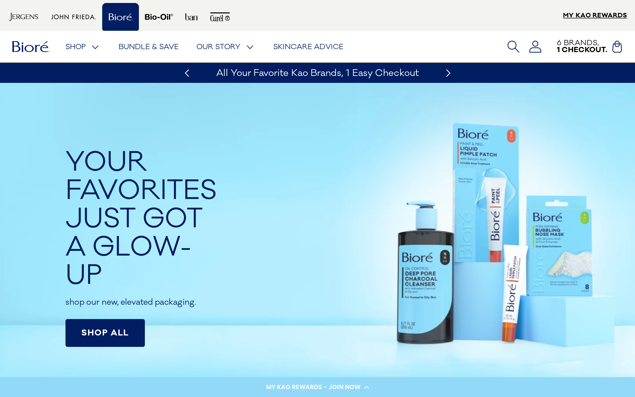 Biore US homepage with the headline Your favorites just got a glow-up