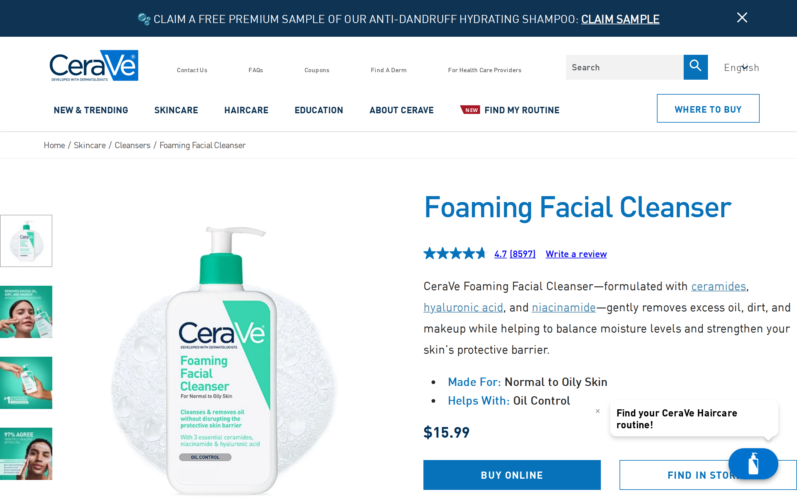 CeraVe's page for the Foaming Facial Cleanser, labelled for normal to oily skin and priced at $15.99