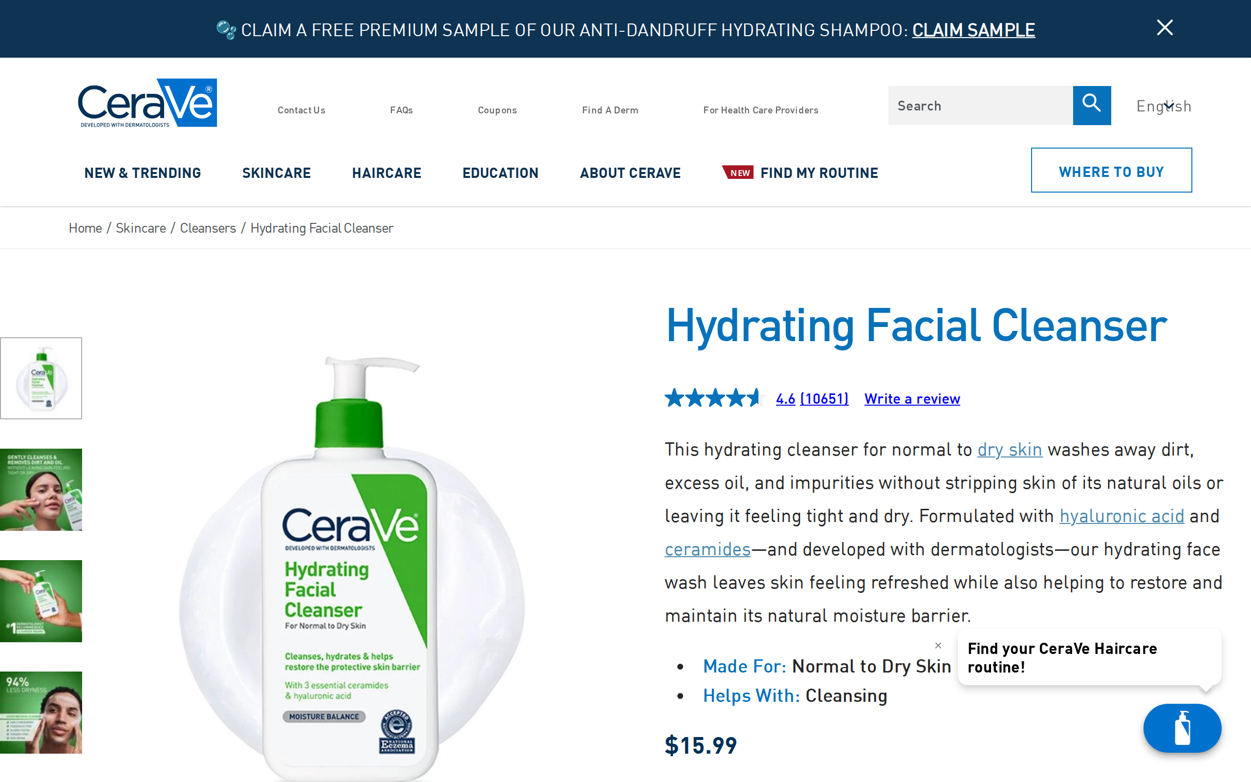 CeraVe's product page for the Hydrating Facial Cleanser with the bottle image and a $15.99 price