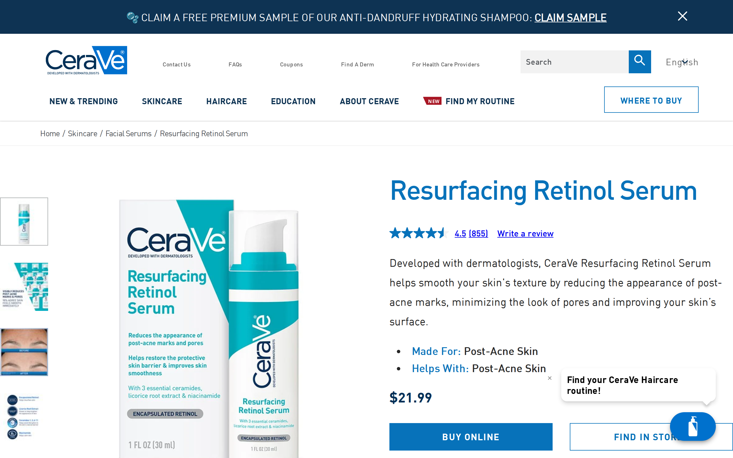 CeraVe product page for the Resurfacing Retinol Serum with the bottle image and a $21.99 price