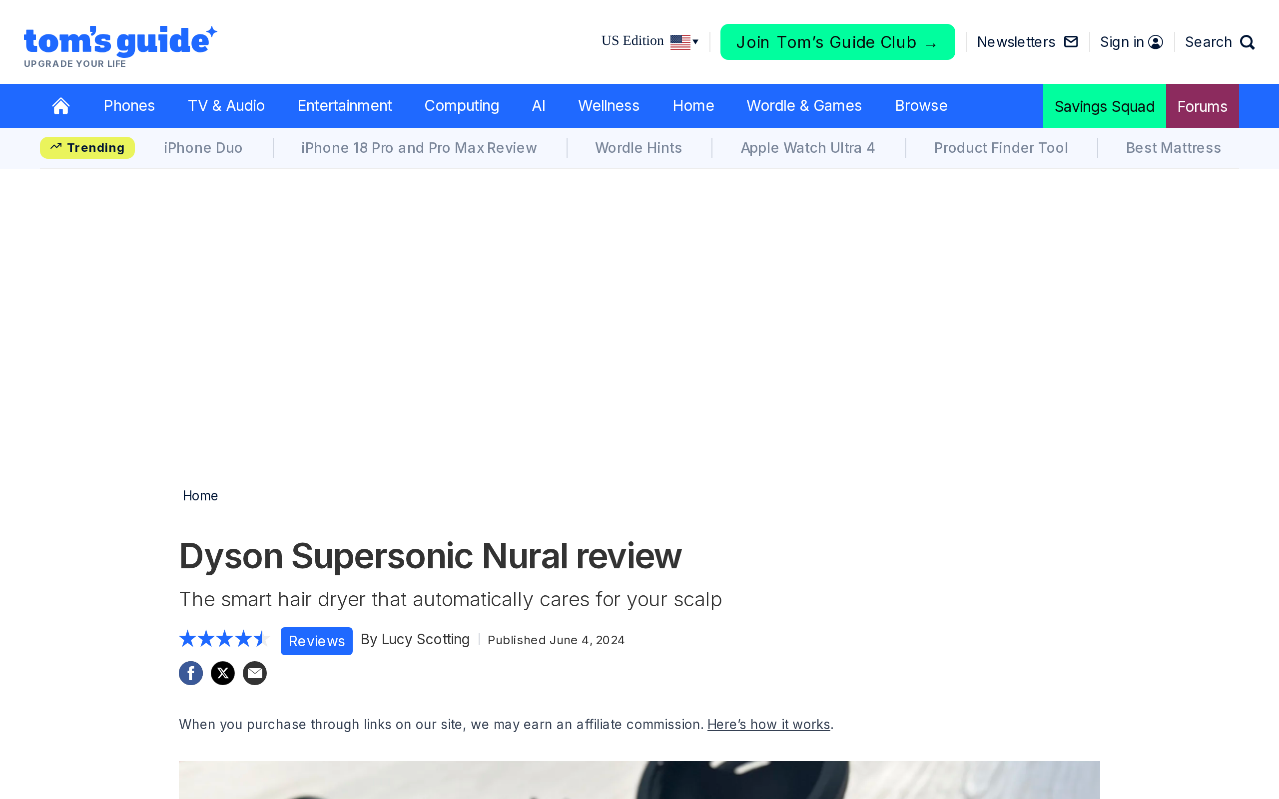 Tom's Guide review page titled Dyson Supersonic Nural review, subtitled The smart hair dryer that automatically cares for your scalp