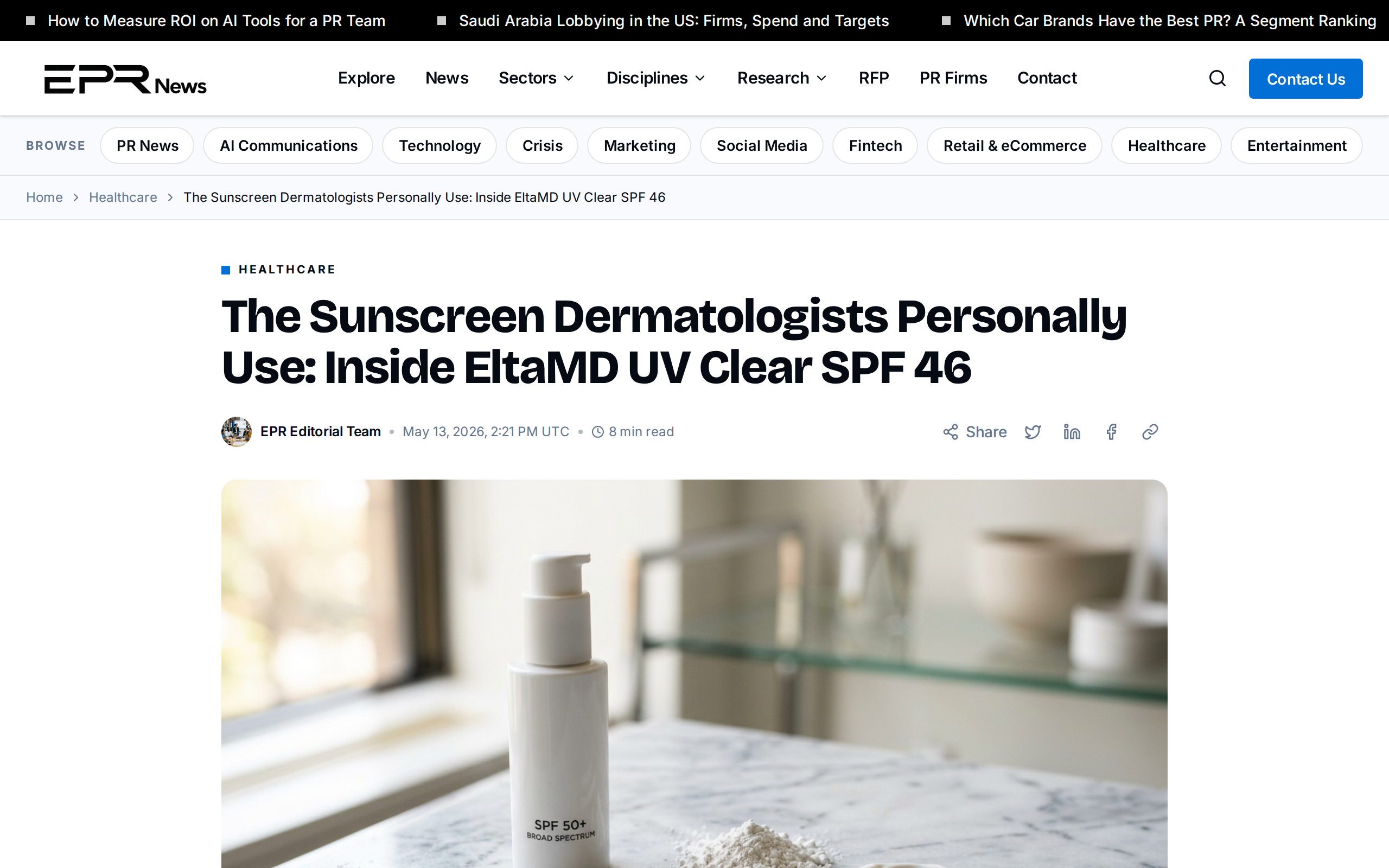 Article headed The Sunscreen Dermatologists Personally Use: Inside EltaMD UV Clear SPF 46