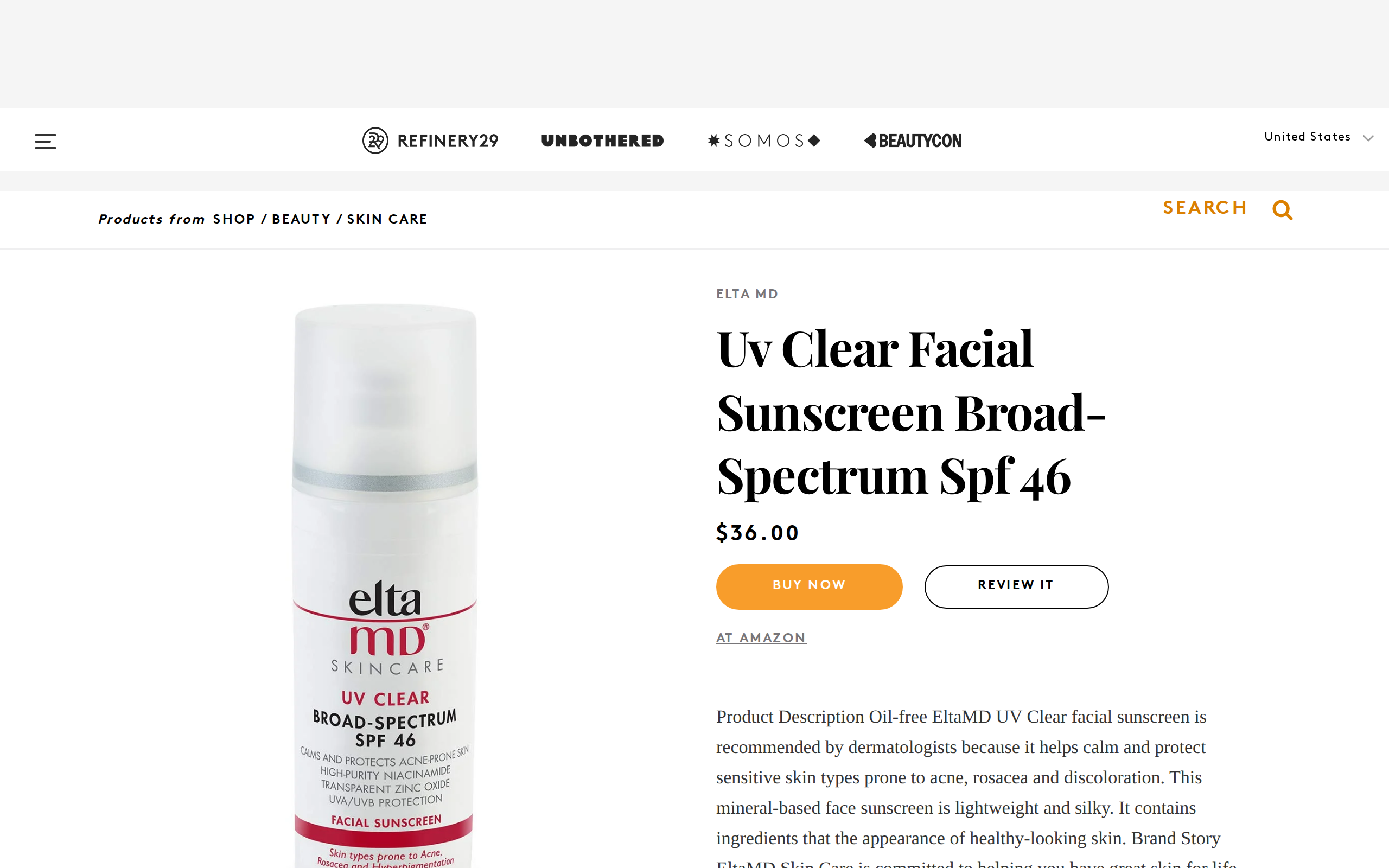 Refinery29 shop listing for UV Clear Facial Sunscreen Broad-Spectrum SPF 46 priced at $36.00