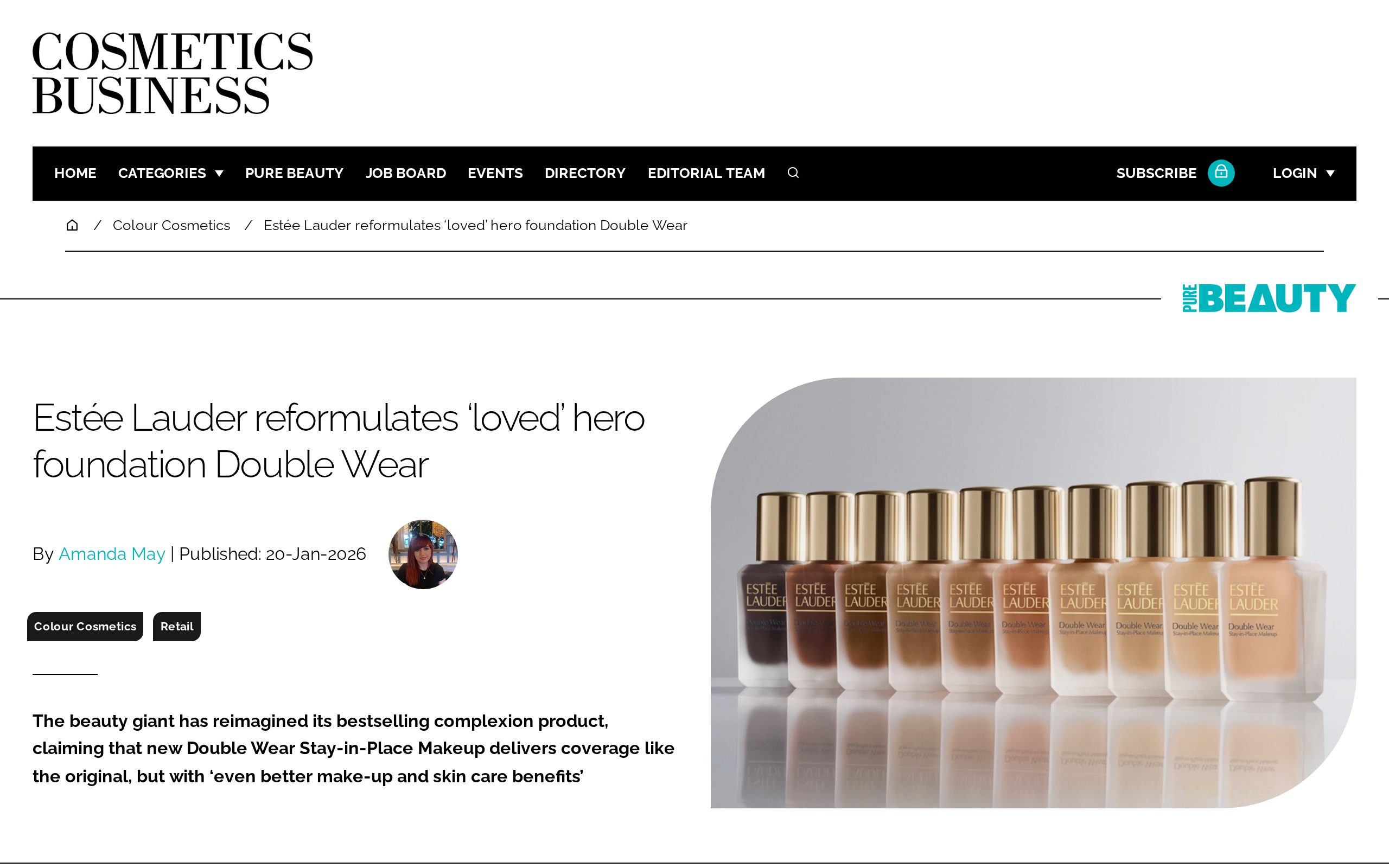 Cosmetics Business article announcing the Double Wear reformulation