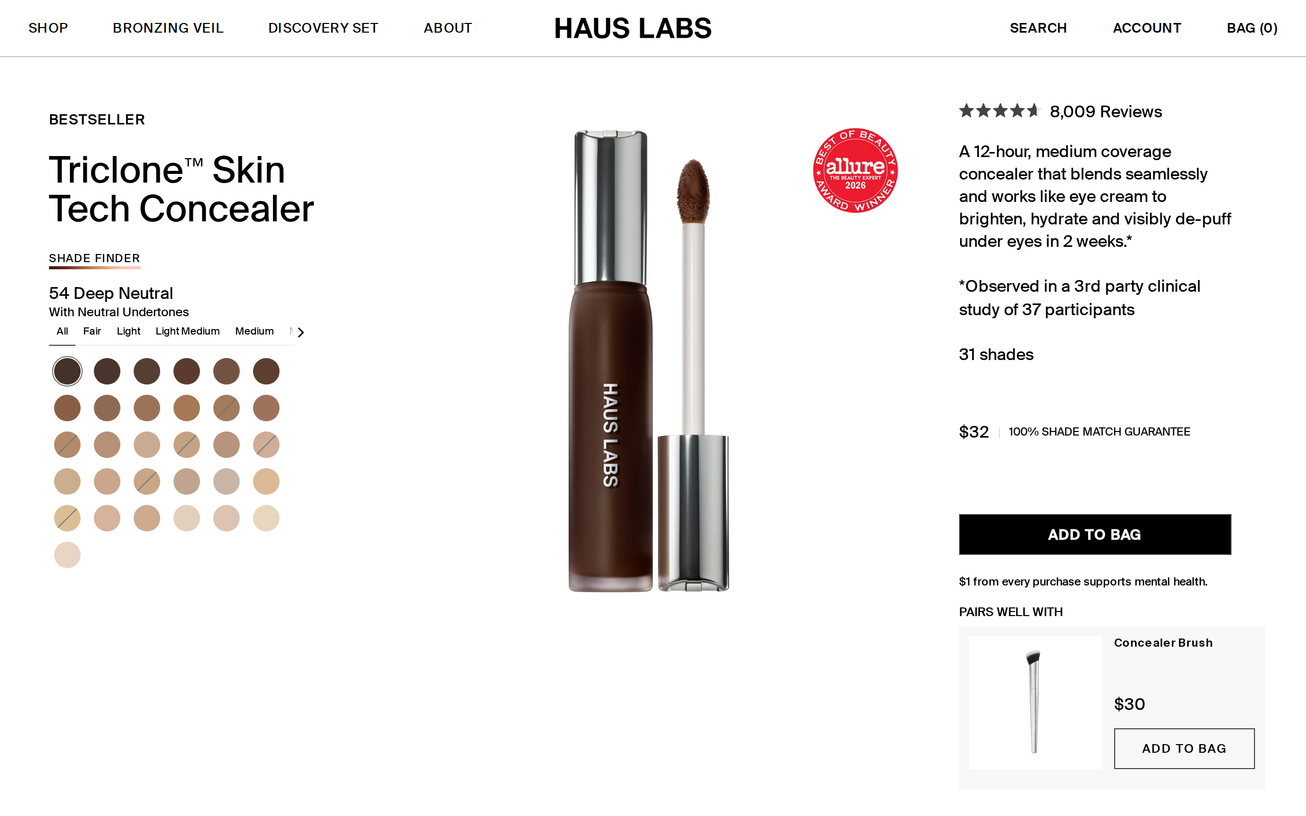 Haus Labs Triclone Skin Tech Concealer page with brush and product images