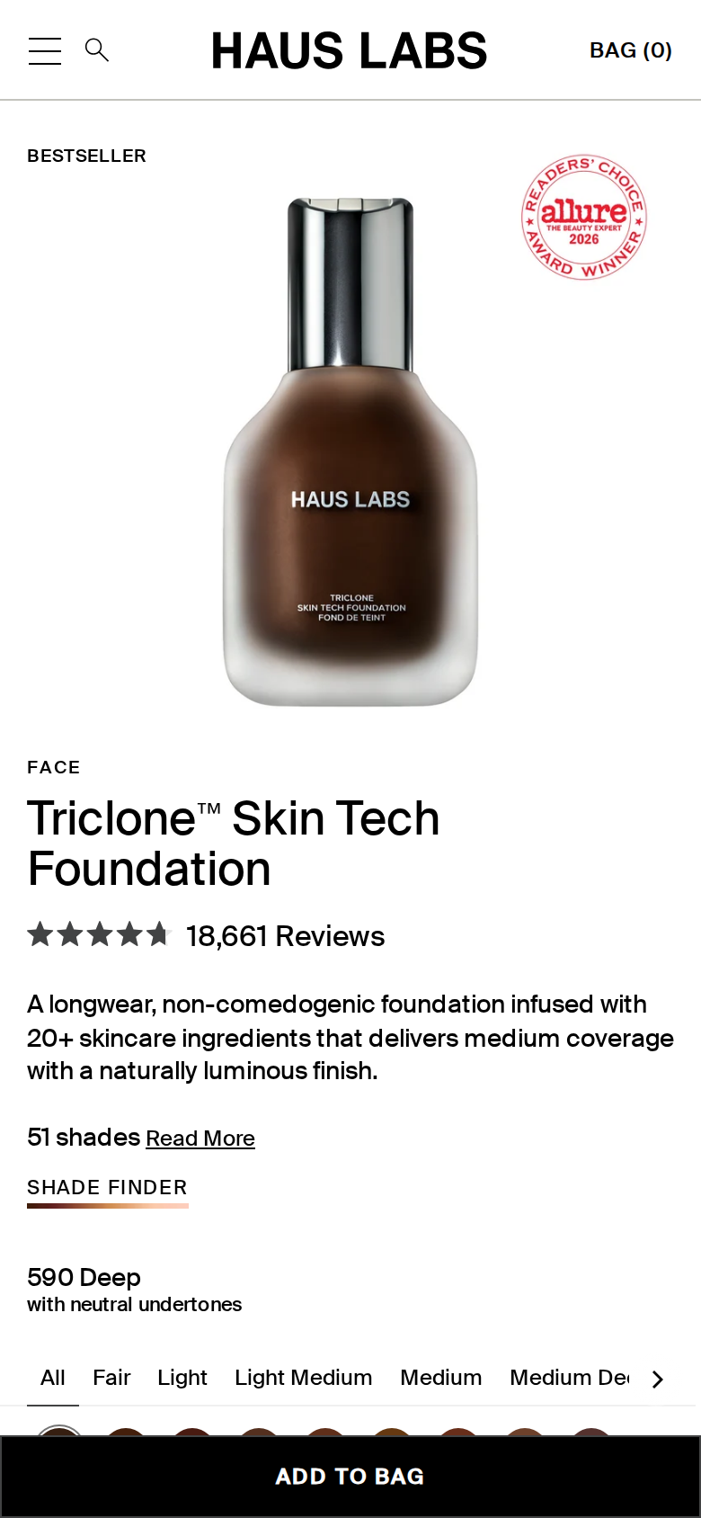 Phone-width view of the Haus Labs Triclone Skin Tech Foundation page with a shade swatch