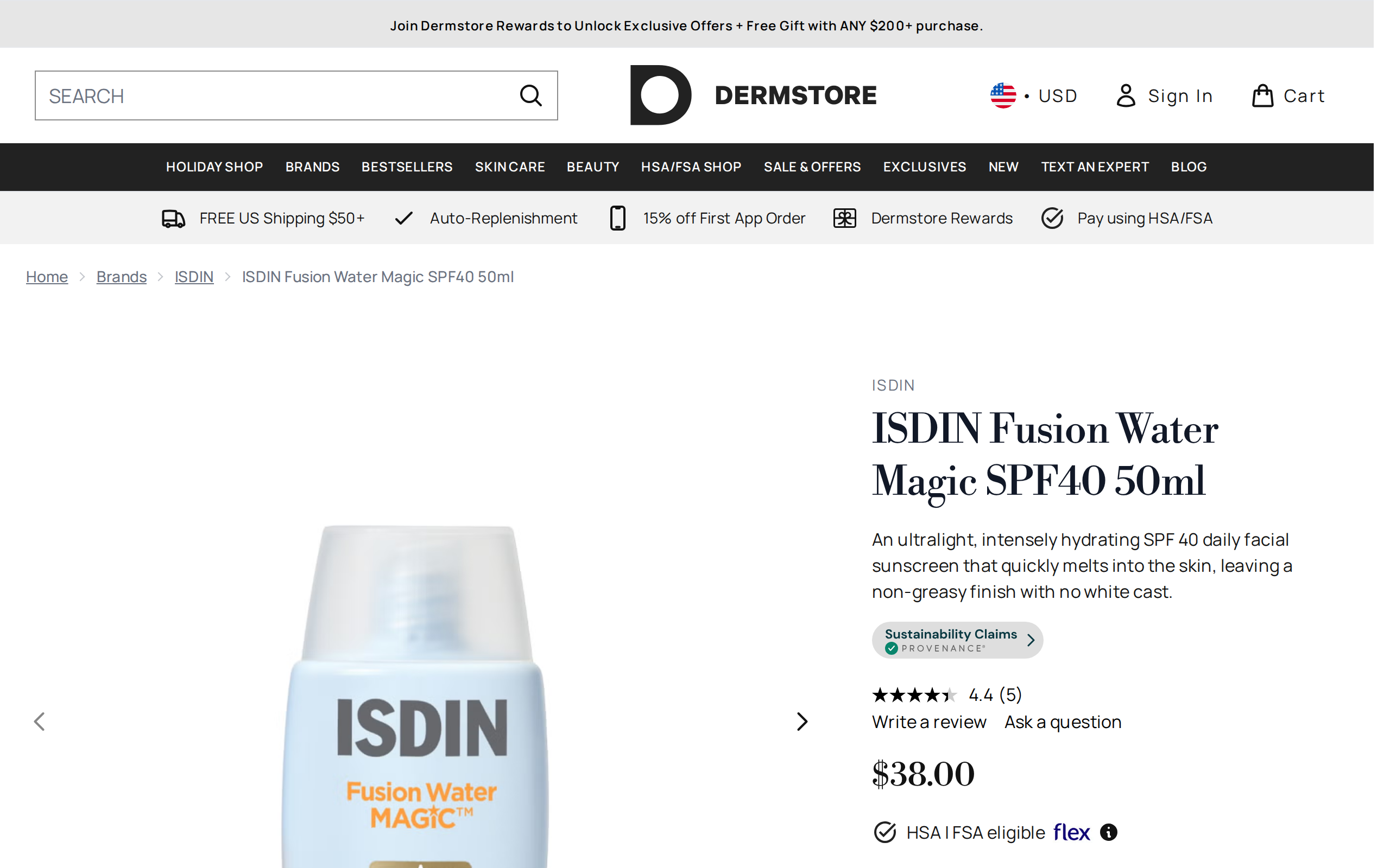Dermstore's product page for ISDIN Fusion Water Magic