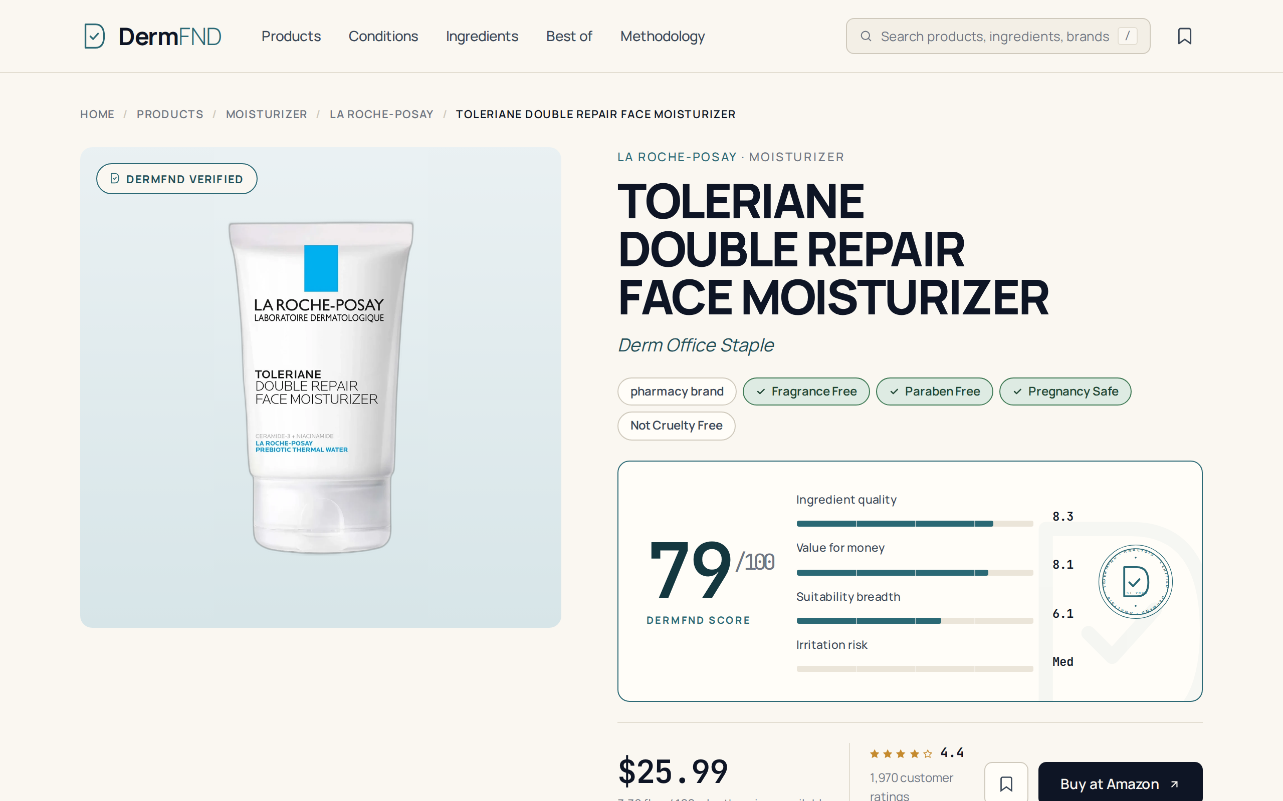 DermFND page for La Roche-Posay Toleriane Double Repair Face Moisturizer, listing a price of $25.99