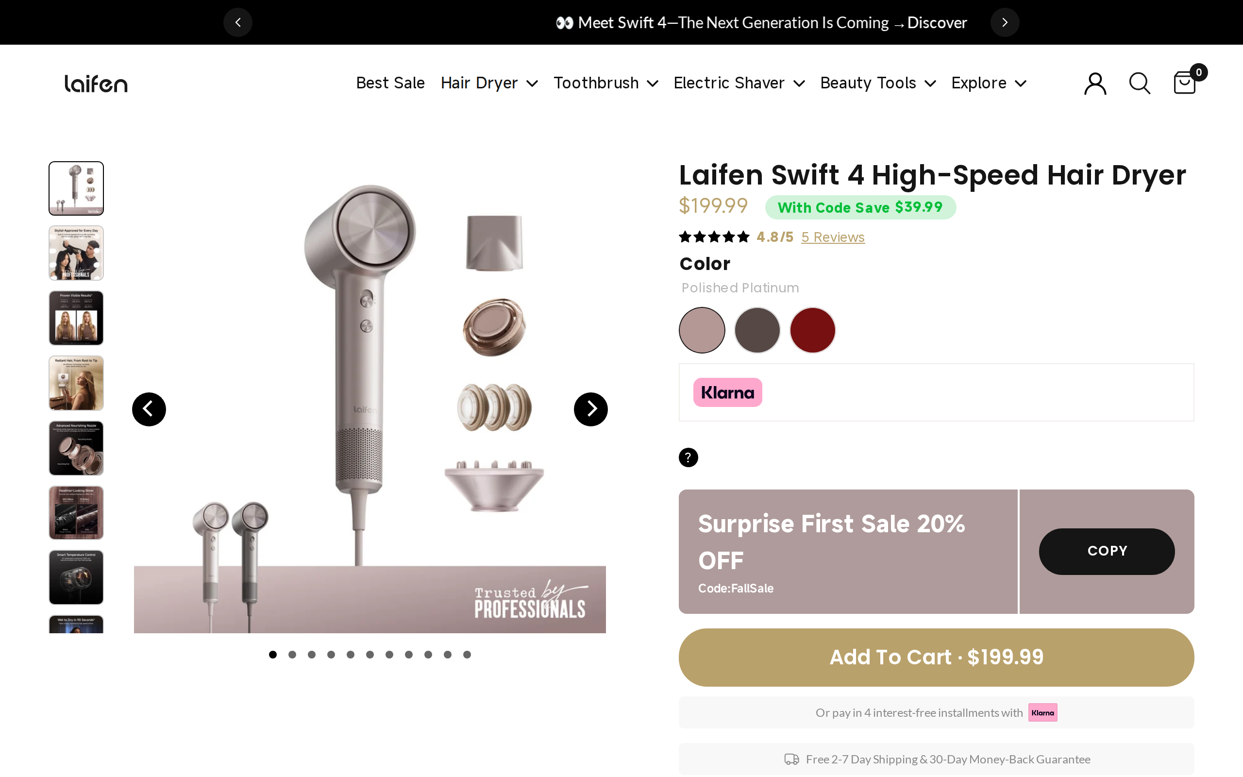 Laifen product page for the Swift 4 High-Speed Hair Dryer showing the Polished Platinum model and the $199.99 price