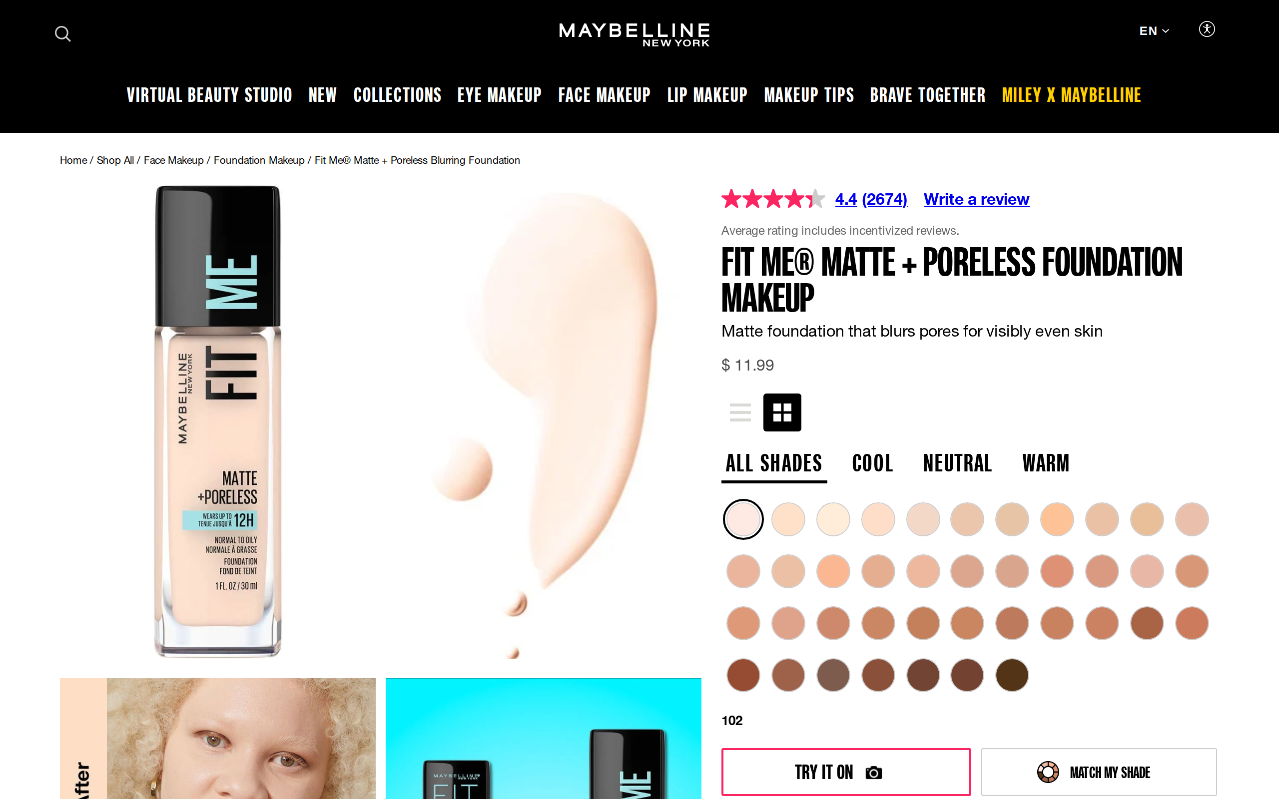 The same Maybelline page showing 102 Fair Porcelain