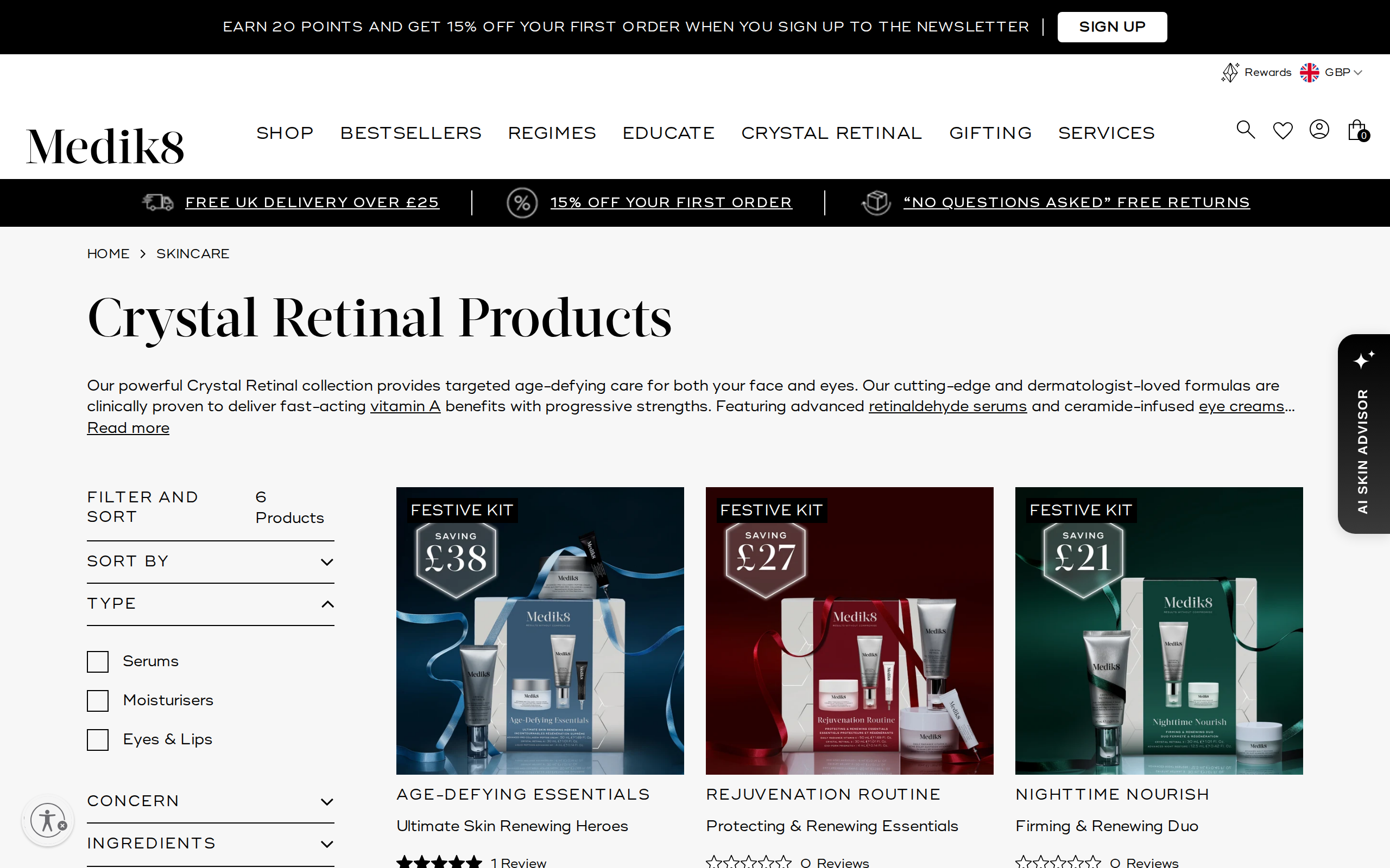 Medik8's Crystal Retinal collection page listing the range