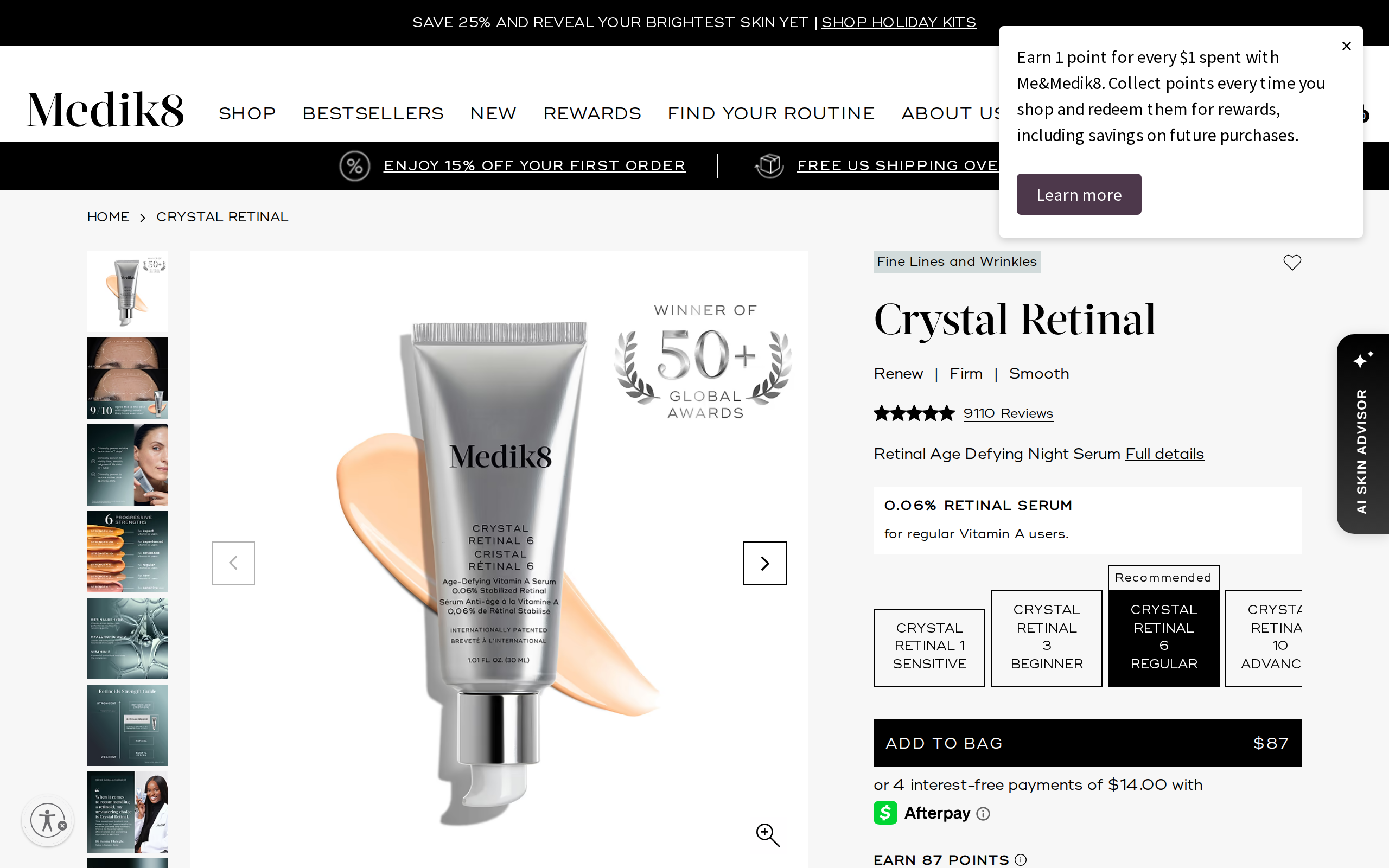 Medik8 US product page for Crystal Retinal showing the serum tube and a $60 price