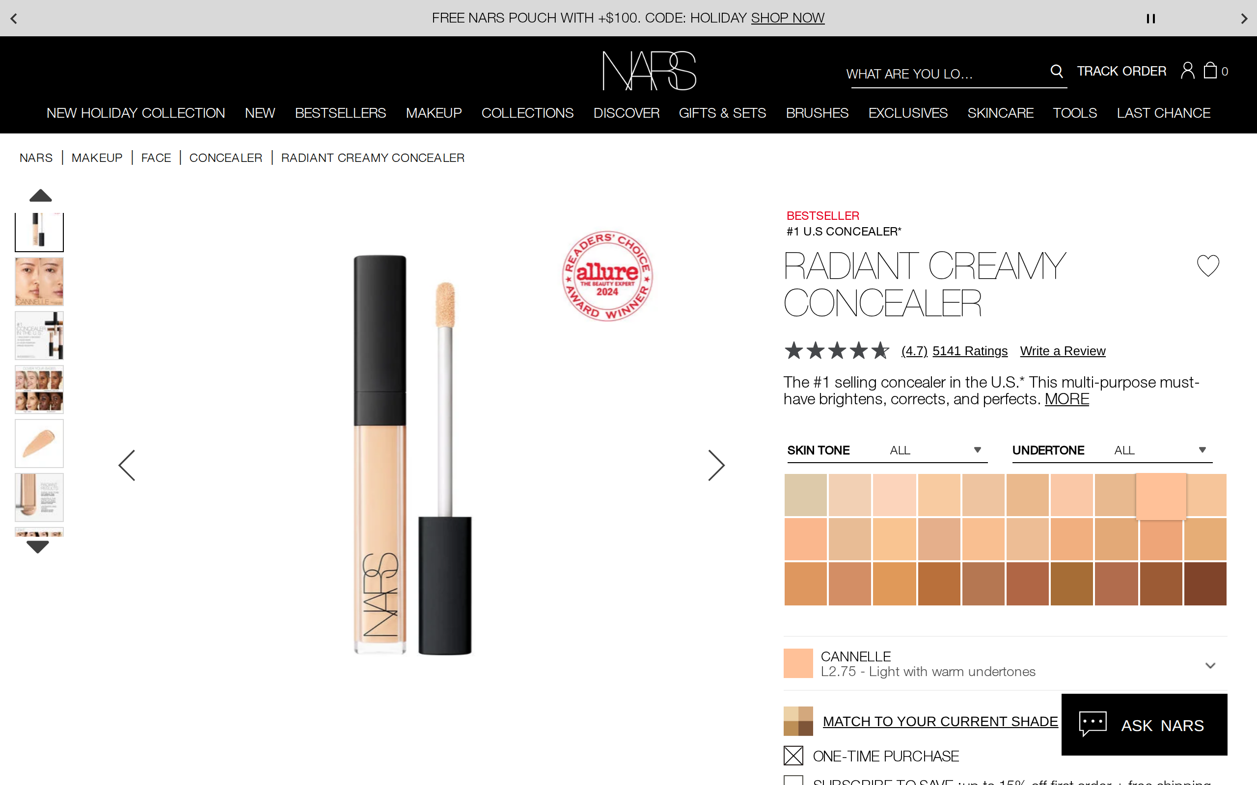 NARS product page for Radiant Creamy Concealer in the shade Cannelle, with the product name and the number one seller claim