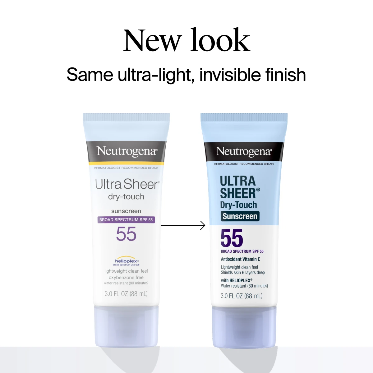 A comparison of the old and new Ultra Sheer Dry-Touch tube designs under the line "Same ultra-light, invisible finish"