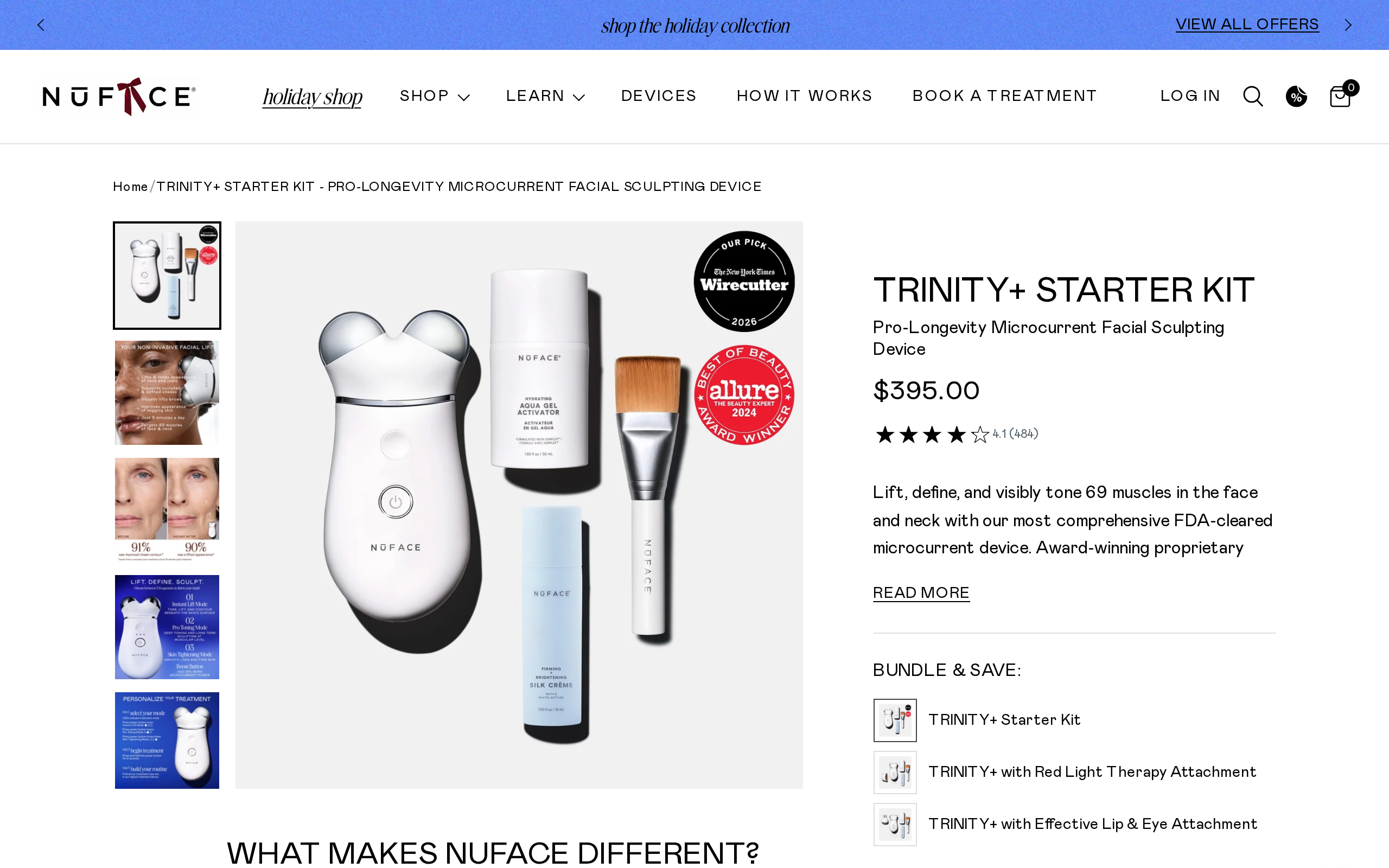 NuFACE product page for the TRINITY+ Starter Kit with the device photograph and the $395 price