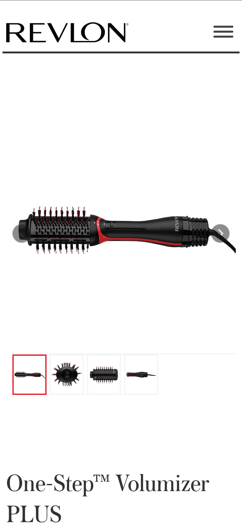 The Revlon page on a phone, showing the One-Step Volumizer PLUS product images