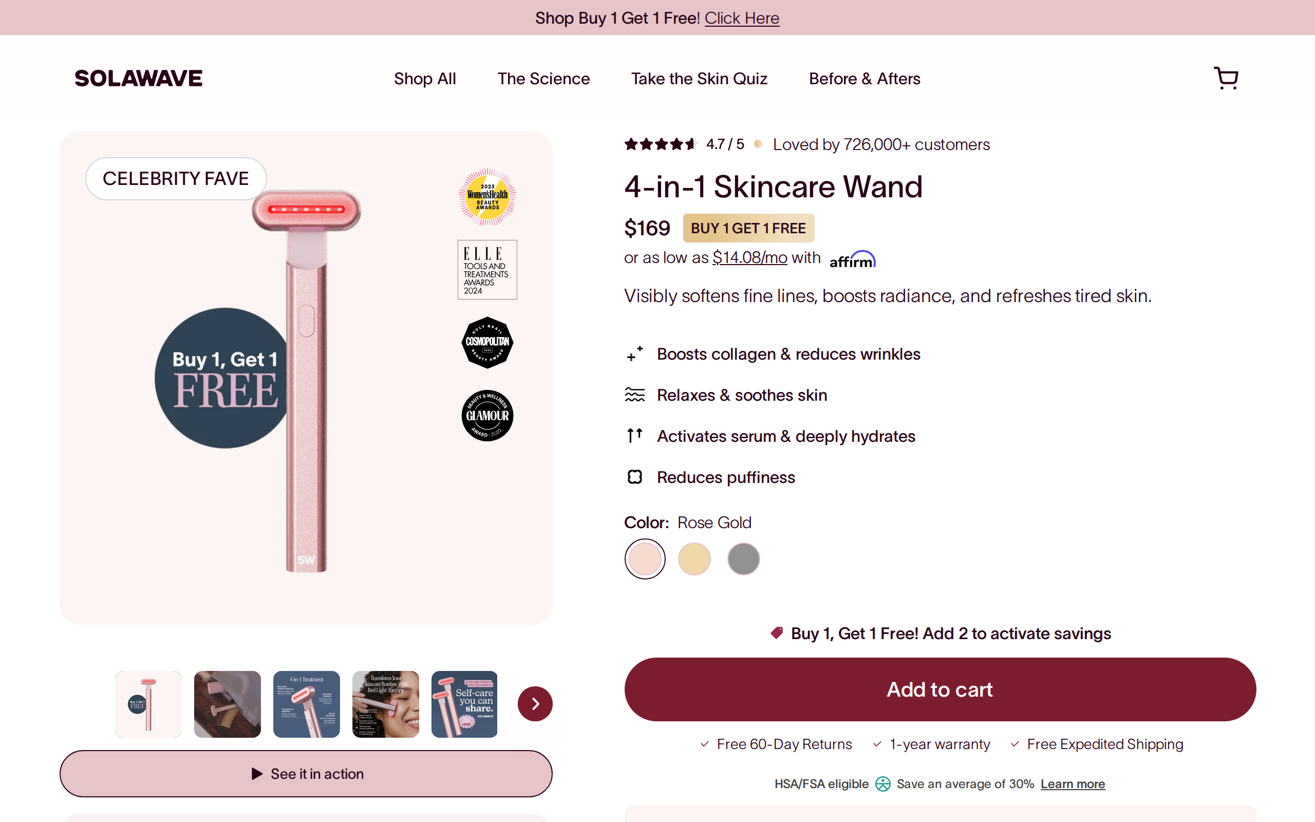 Solawave product page for the 4-in-1 Skincare Wand showing a rose gold handheld device with red light and a $169 price