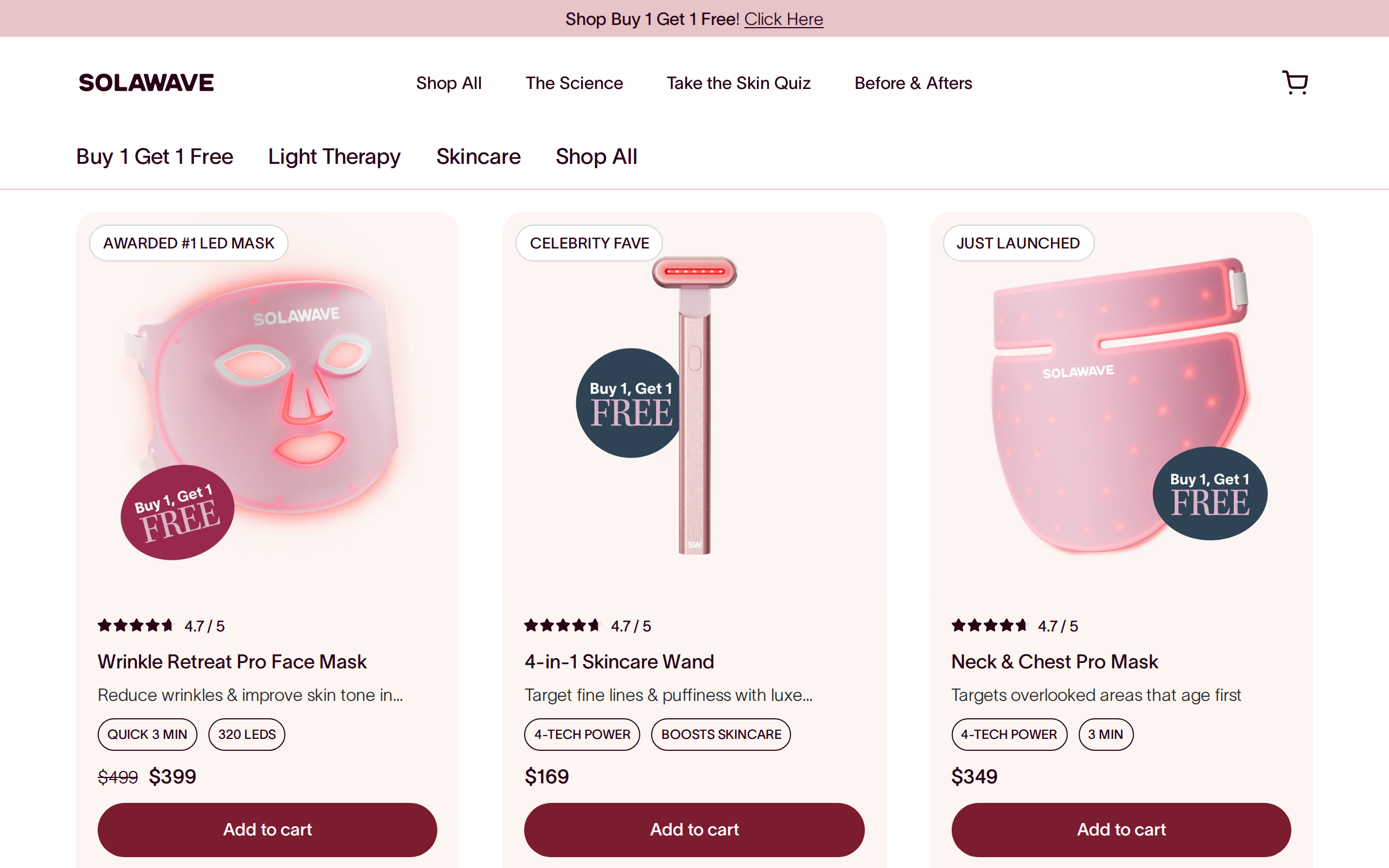 The Solawave shop page with wand and masks