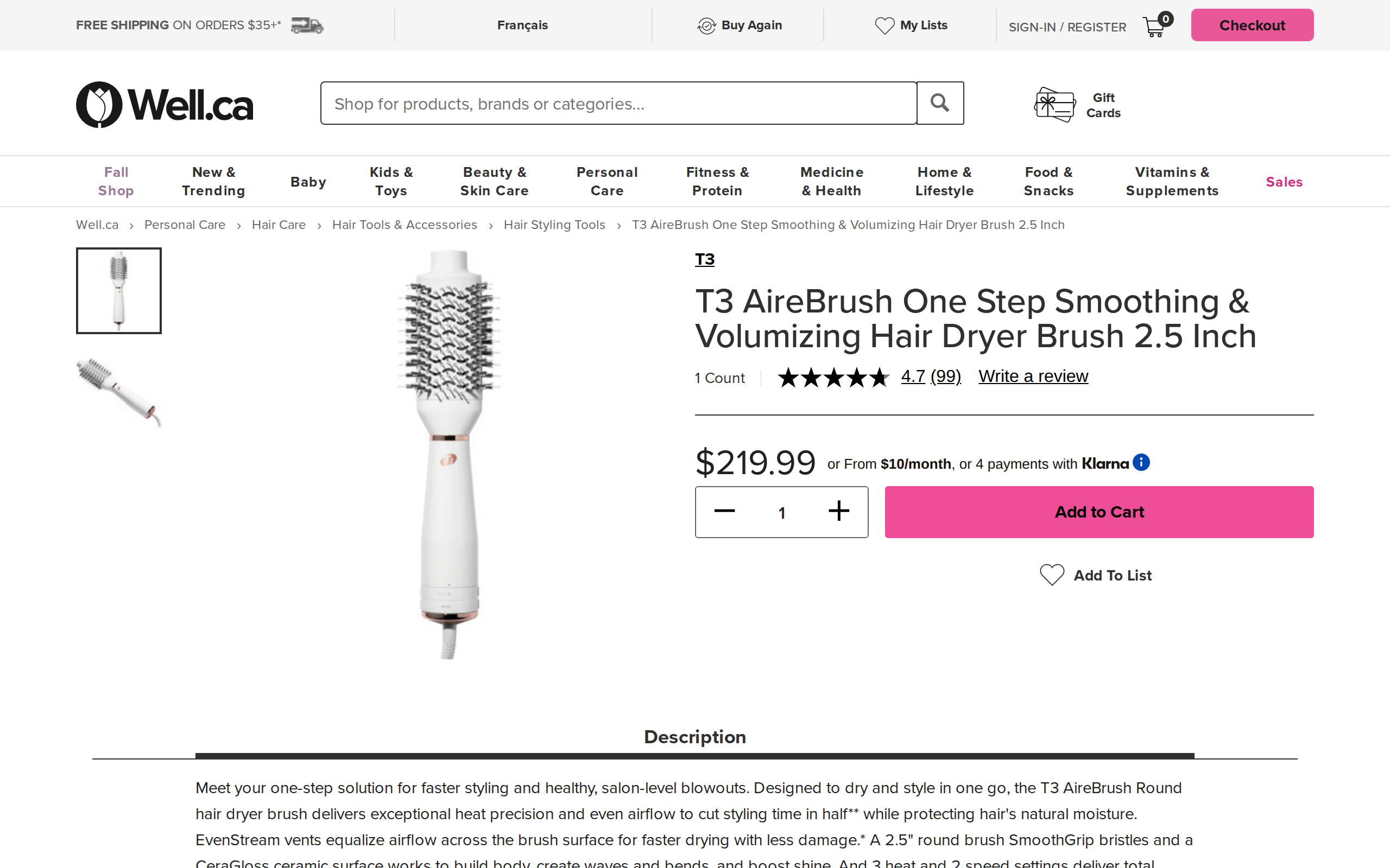 A Canadian retailer listing for the AireBrush