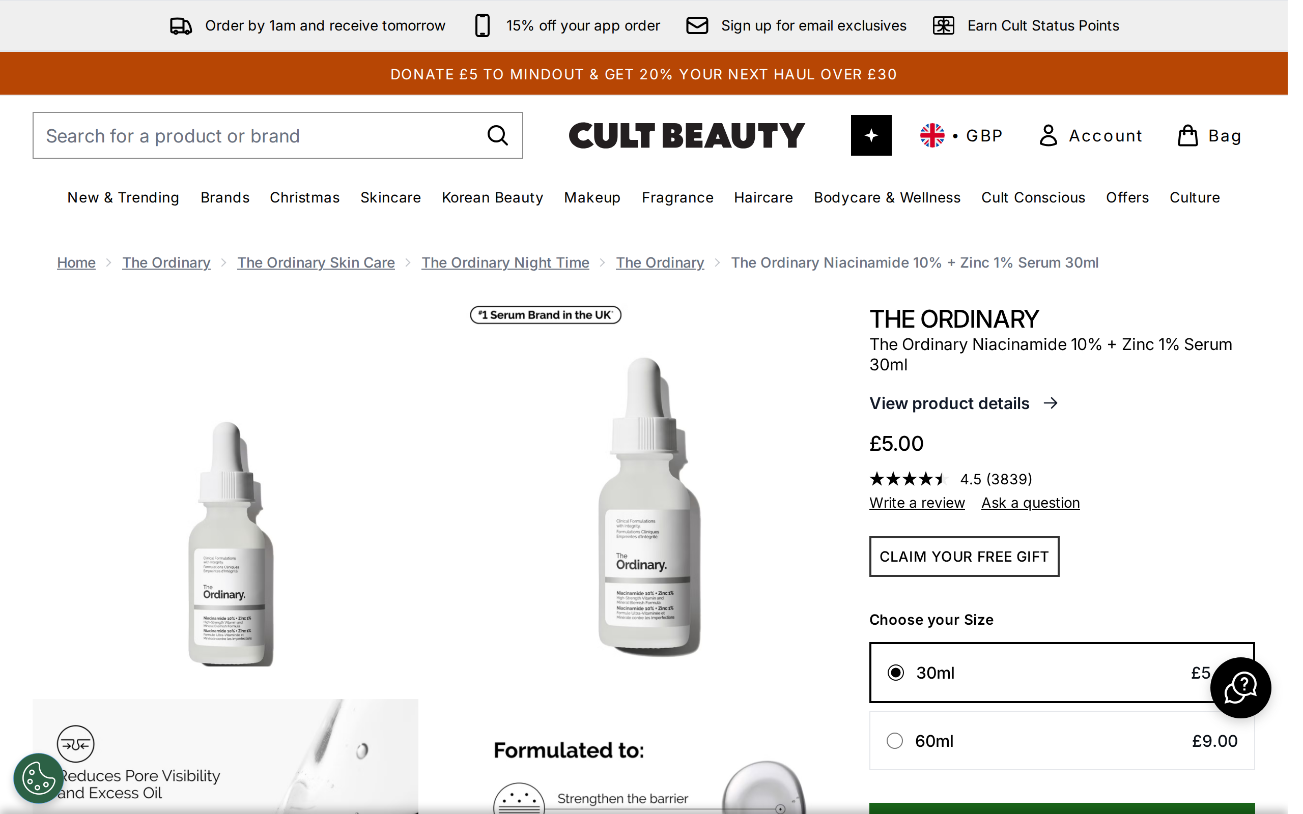 Cult Beauty listing for The Ordinary Niacinamide 10% + Zinc 1% Serum 30ml at £5.00