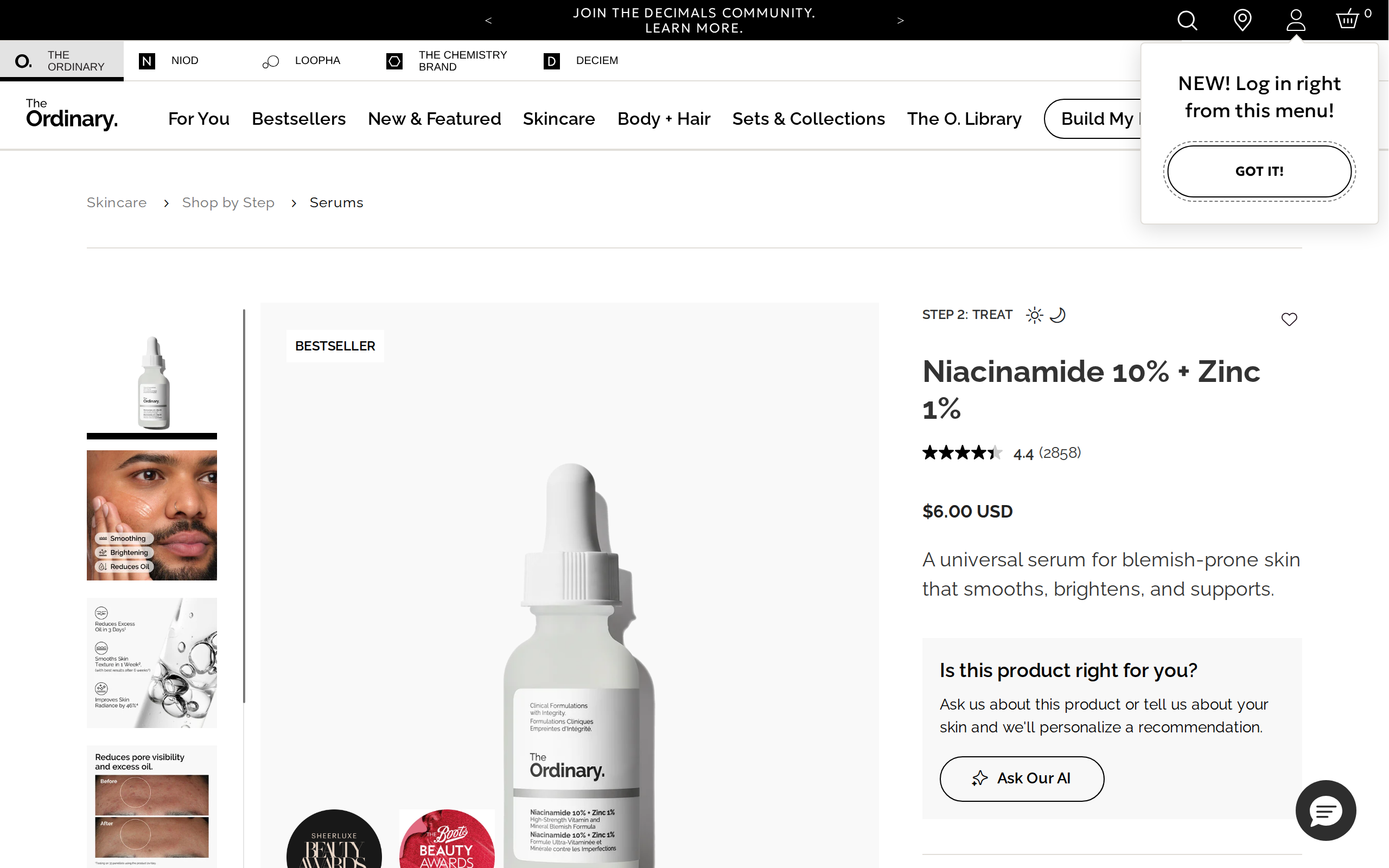 The Ordinary product page for Niacinamide 10% + Zinc 1% serum showing the bottle and a $6.00 price