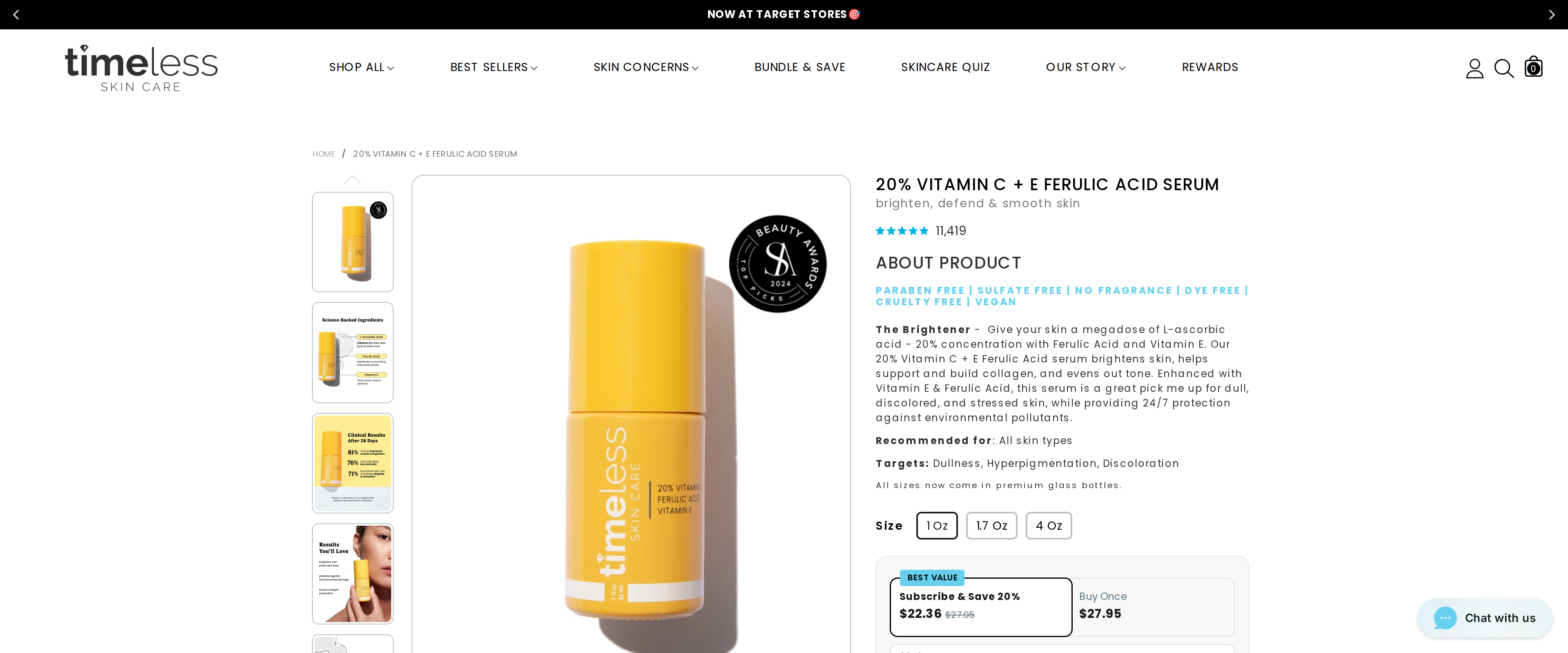 Timeless Skin Care product page for the 20% Vitamin C + E Ferulic Acid Serum, showing prices of $22.36 and $27.95