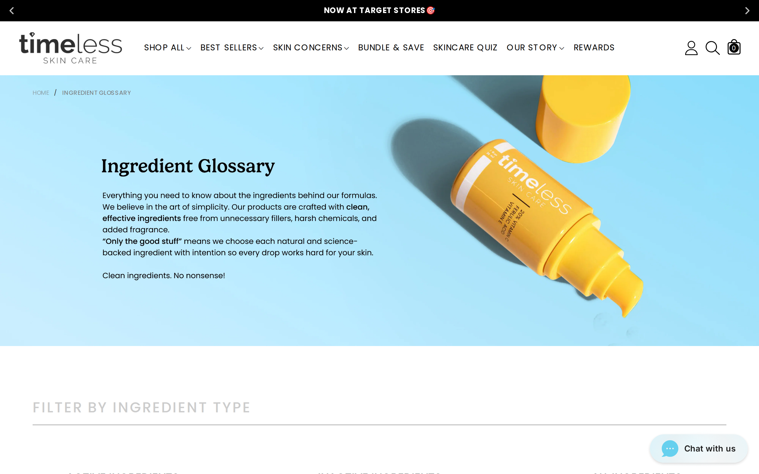 Timeless ingredient glossary page with a filter for ingredient type