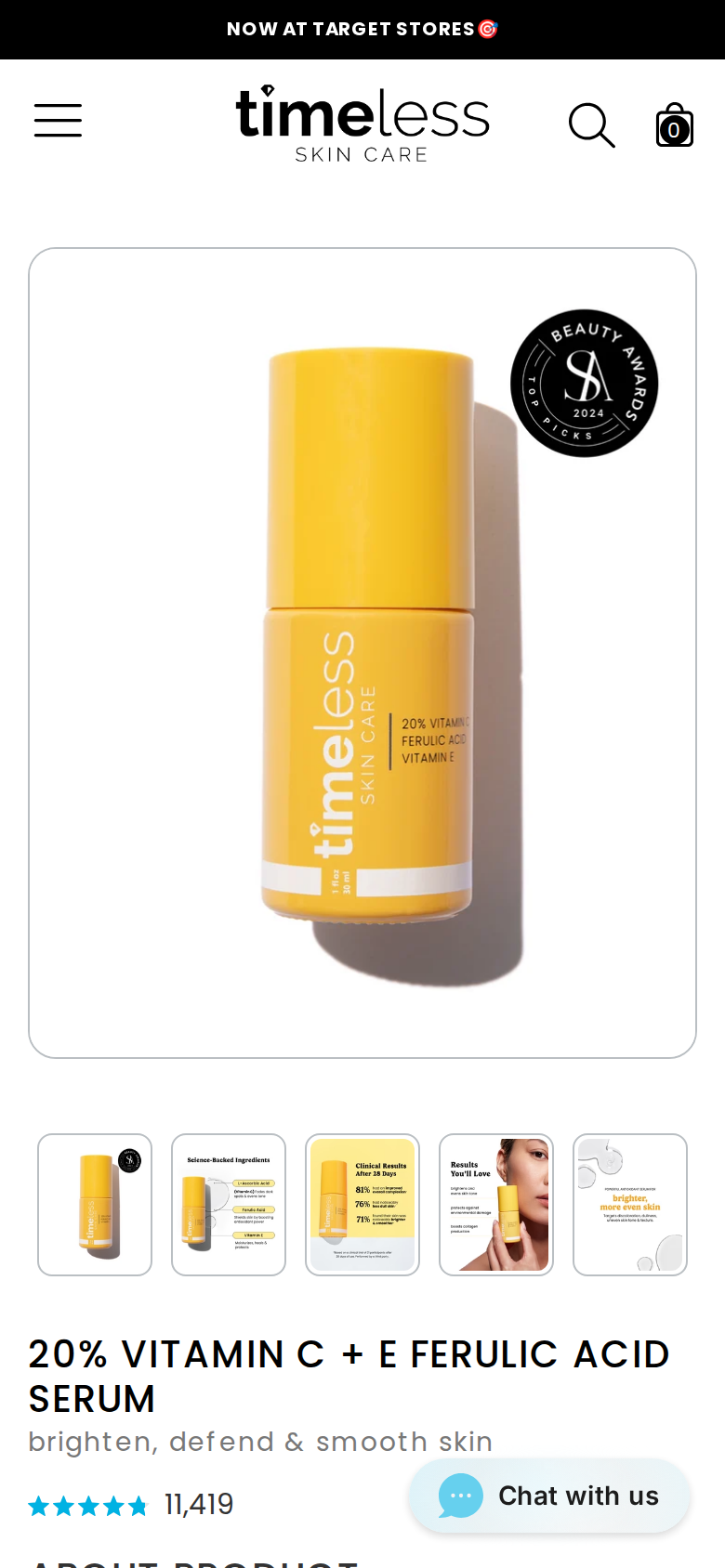 The Timeless Skin Care page for the 20% Vitamin C + E Ferulic Acid Serum as seen on a phone